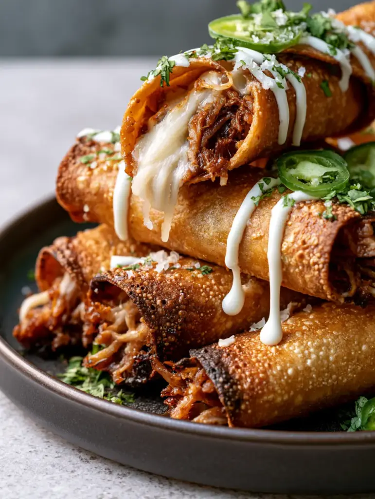 Pulled Pork Taquitos with Blistered Corn Tortillas 1 Close up of five golden brown taquitos stacked on a ceramic plate with lime crema and cilantro. (pulled pork taquitos)