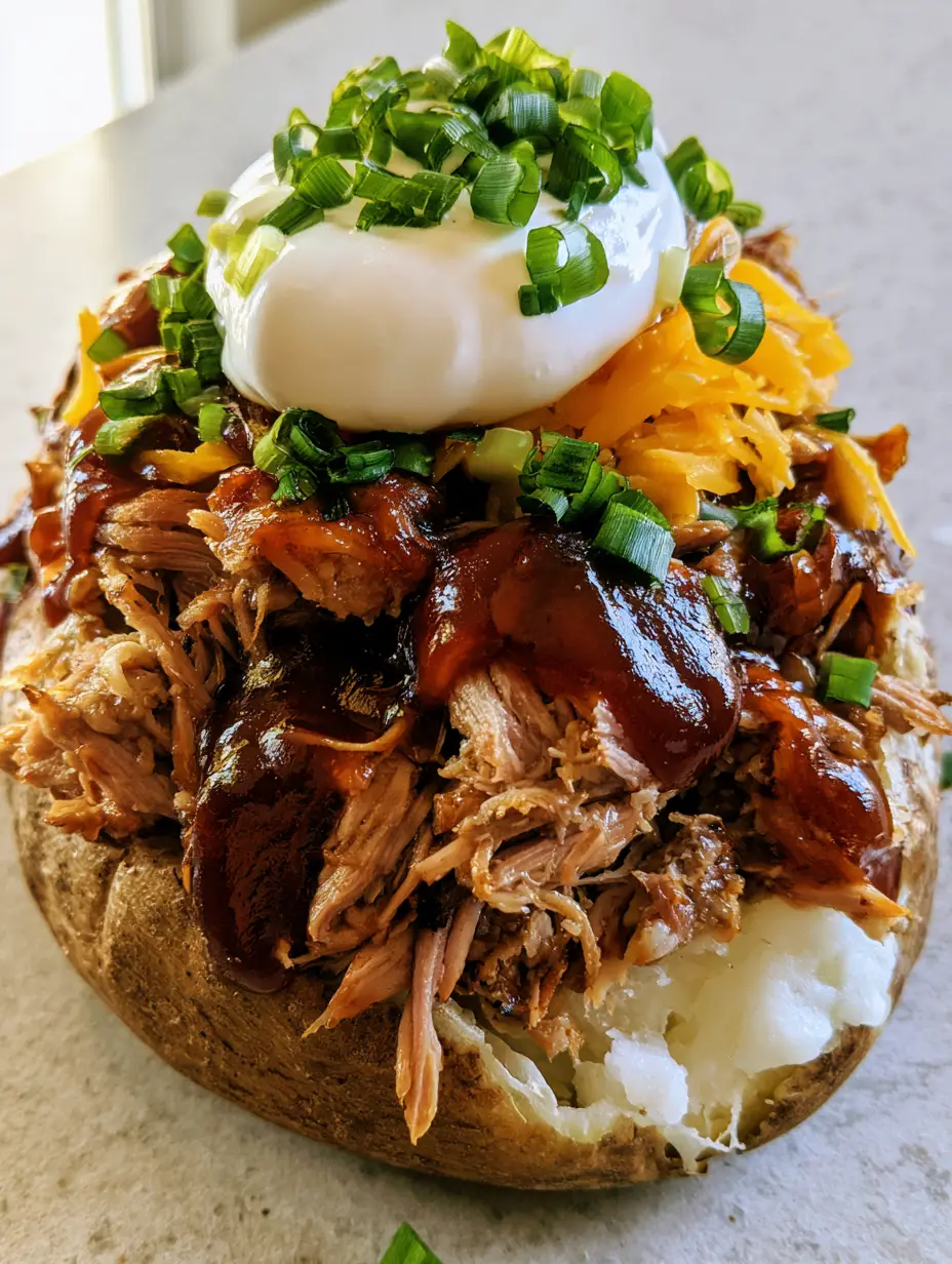 Extreme close-up of a steaming Loaded Baked Potato with Pulled Pork, showing the fluffy interior and melted yellow cheddar cheese.