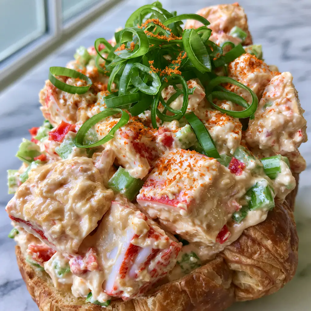 Crab Salad Recipe: The Ultimate Creamy and Chunky Deluxe Version 3 A tall Pinterest Pin showcasing a luxury imitation crab salad recipe in a cream ceramic bowl with dill and lemon zest.