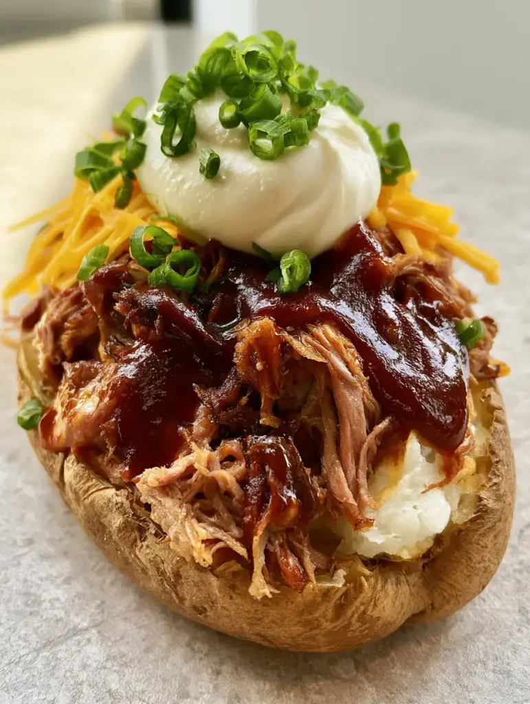 A close-up view of hickory-smoked pulled pork drizzled with mahogany BBQ sauce on top of a giant russet potato.