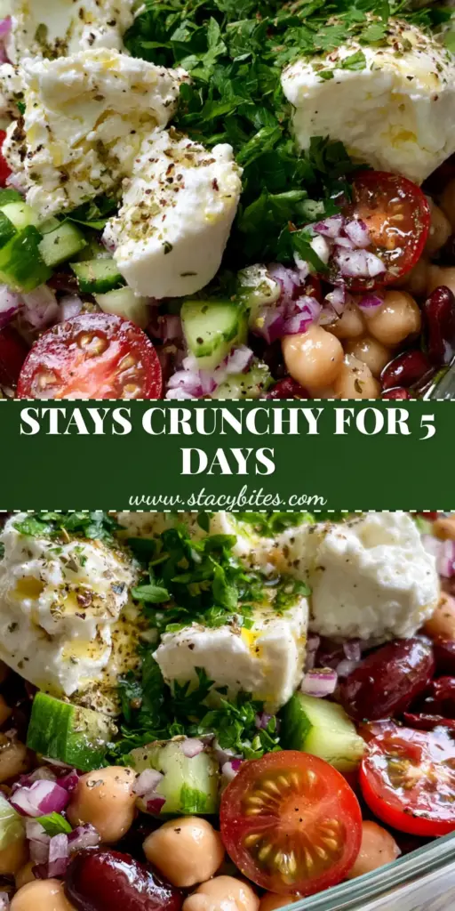 Bean Salad with Feta: The Ultimate Mediterranean Protein Bowl 4 A close-up vertical shot of a vibrant bean salad with feta in a glass meal prep container, featuring chickpeas, kidney beans, and fresh herbs.
