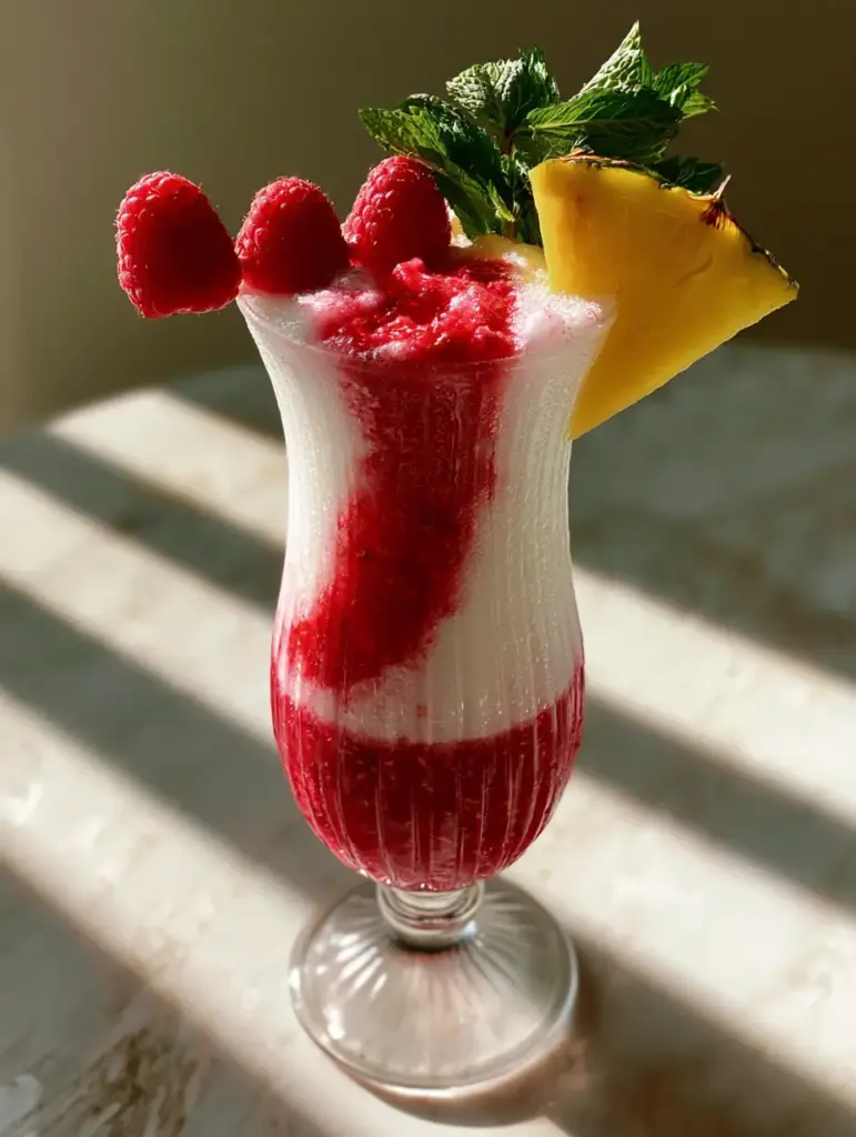 Raspberry Piña Colada: The Ultimate Layered Tropical Frozen Drink 1 Handheld photo of a raspberry piña colada on a marble table with golden hour sunlight and condensation on the glass.