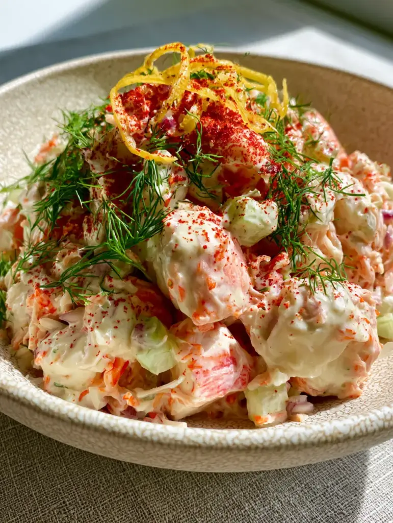 Crab Salad Recipe: The Ultimate Creamy and Chunky Deluxe Version 2 Overhead shot of a chunky and shredded crab salad recipe with thick ivory dressing and fresh dill. (crab salad recipe)