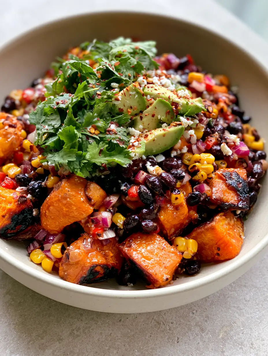A large matte white bowl filled with glossy black beans and chunky roasted sweet potato cubes with blistered edges. (black bean salad with sweet potato)