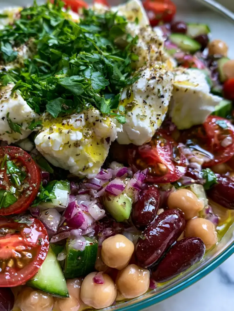 Bean Salad with Feta: The Ultimate Mediterranean Protein Bowl 2 Hyper-realistic macro shot of glossy chickpeas, dark kidney beans, and rustic feta crumbles in a bean salad with feta.