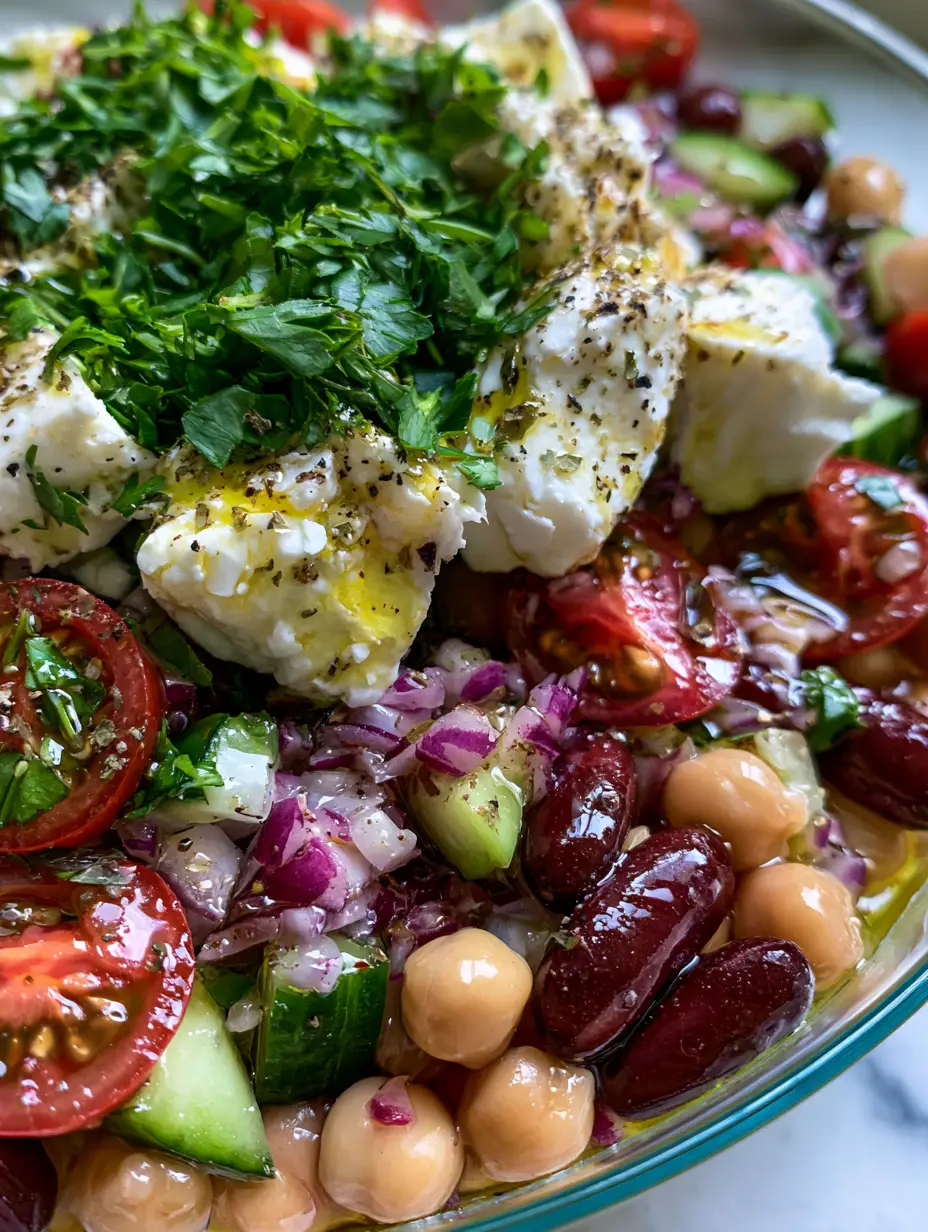Bean Salad with Feta: The Ultimate Mediterranean Protein Bowl 3 Hyper-realistic macro shot of glossy chickpeas, dark kidney beans, and rustic feta crumbles in a bean salad with feta.