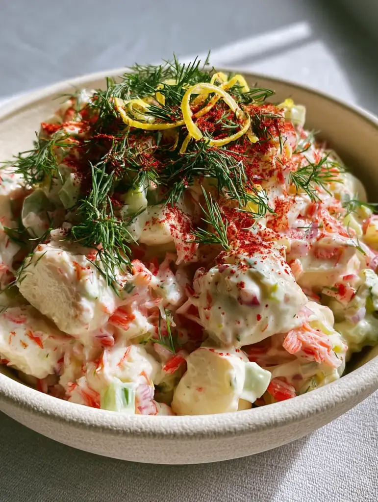 Crab Salad Recipe: The Ultimate Creamy and Chunky Deluxe Version 1 Close up of a ceramic bowl containing a crab salad recipe garnished with smoked paprika and lemon zest curls.