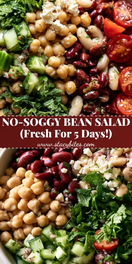 A vibrant mixed bean salad with chickpeas, kidney beans, and feta in a white bowl. (mixed bean salad)