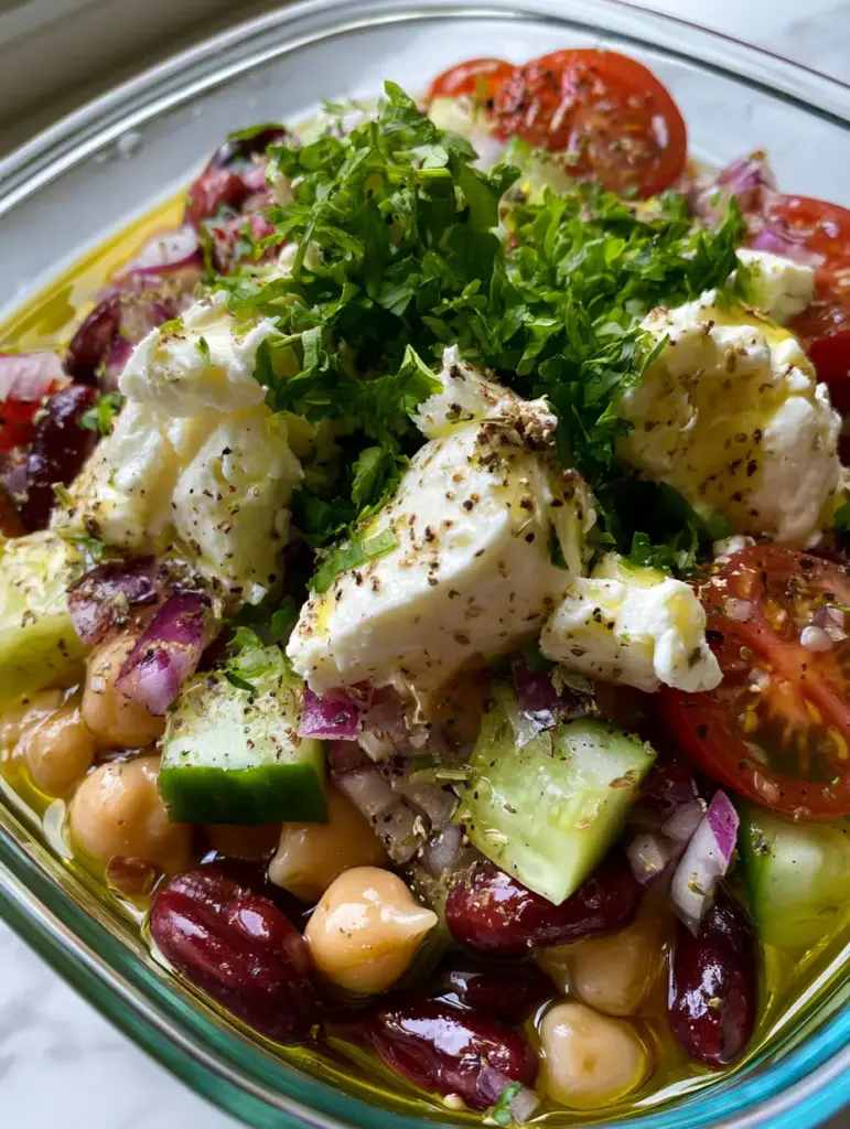 Bean Salad with Feta: The Ultimate Mediterranean Protein Bowl 1 Top-down view of bean salad with feta showing precision-diced cucumbers and juicy cherry tomatoes on a marble countertop.