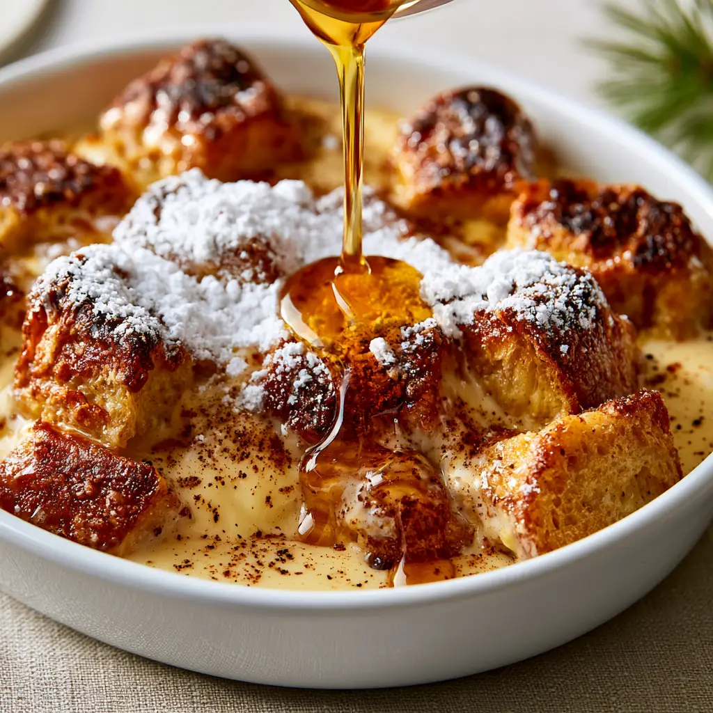 Eggnog French Toast: The Ultimate Festive Overnight Casserole 1 Luxury eggnog french toast served in a white ceramic dish with a dusting of powdered sugar and nutmeg flecks.