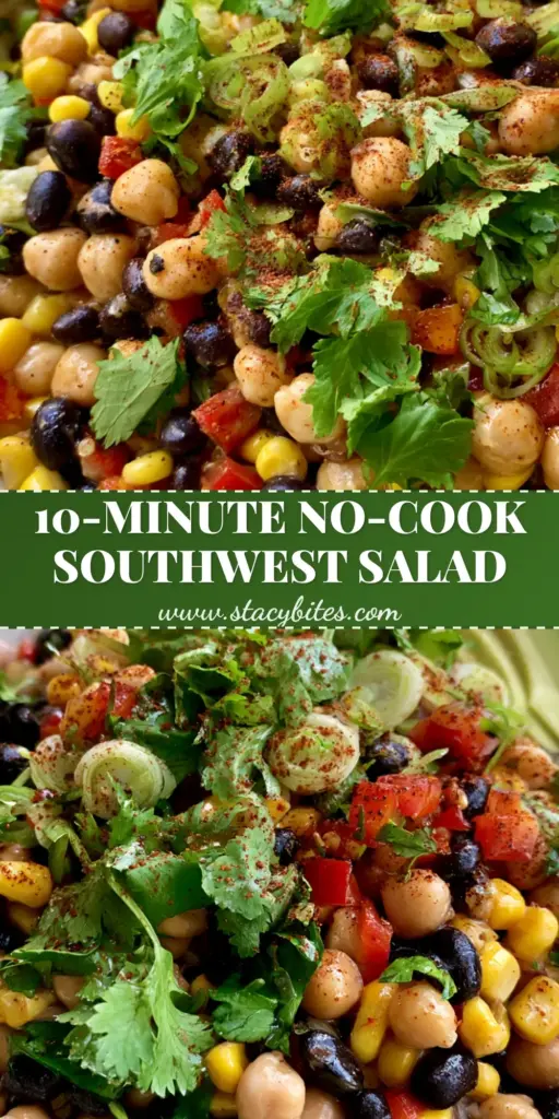 Southwest Chickpea Black Bean Salad with Zesty Lime Cumin Dressing 4 A vertical, high-angle shot of a Southwest Chickpea Black Bean Salad with vibrant corn, red peppers, and sliced avocado in a white bowl.