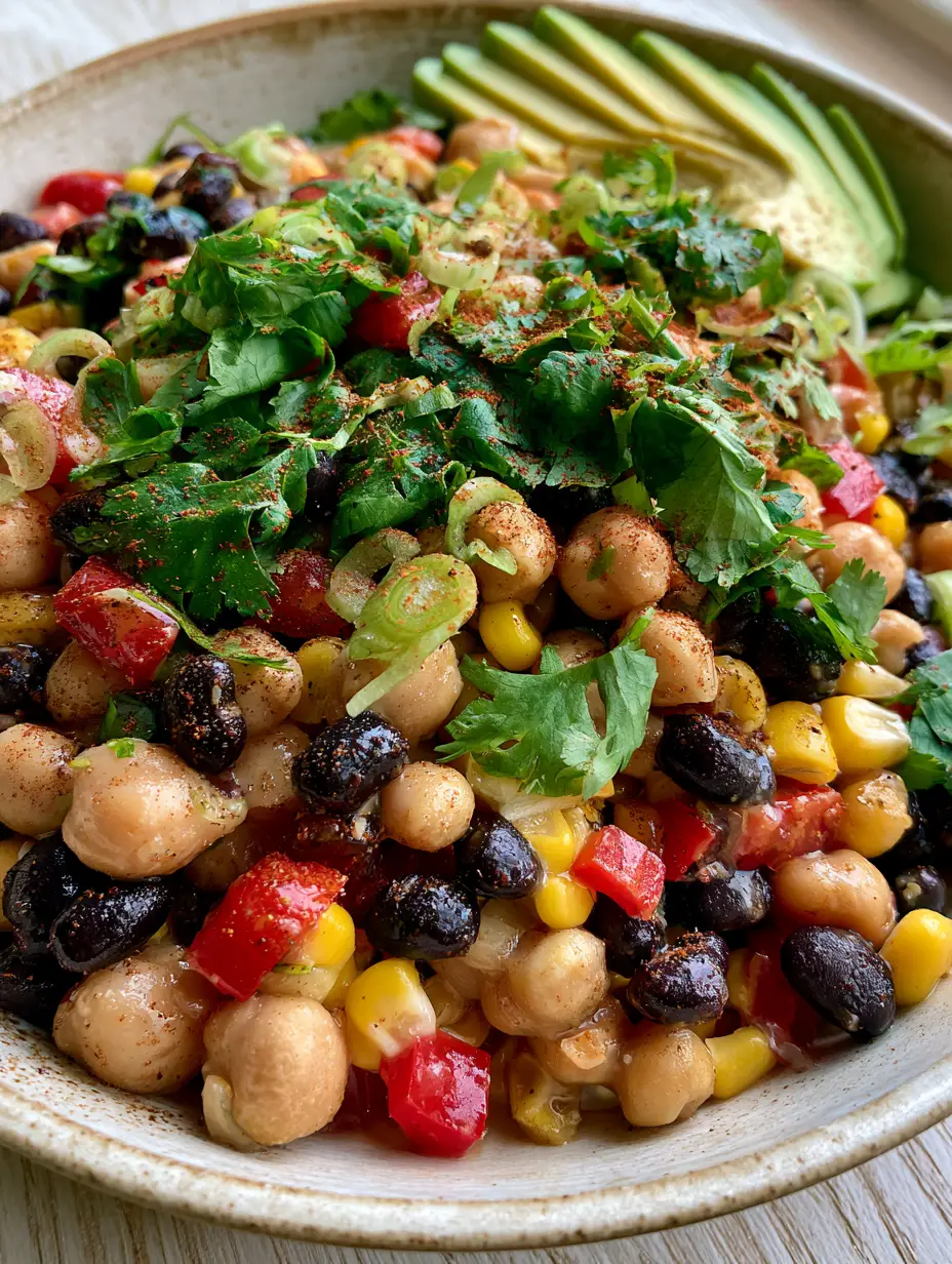Southwest Chickpea Black Bean Salad with Zesty Lime Cumin Dressing 3 Overhead macro shot of Southwest Chickpea Black Bean Salad showing matte chickpeas, glossy black beans, and ruby red peppers.