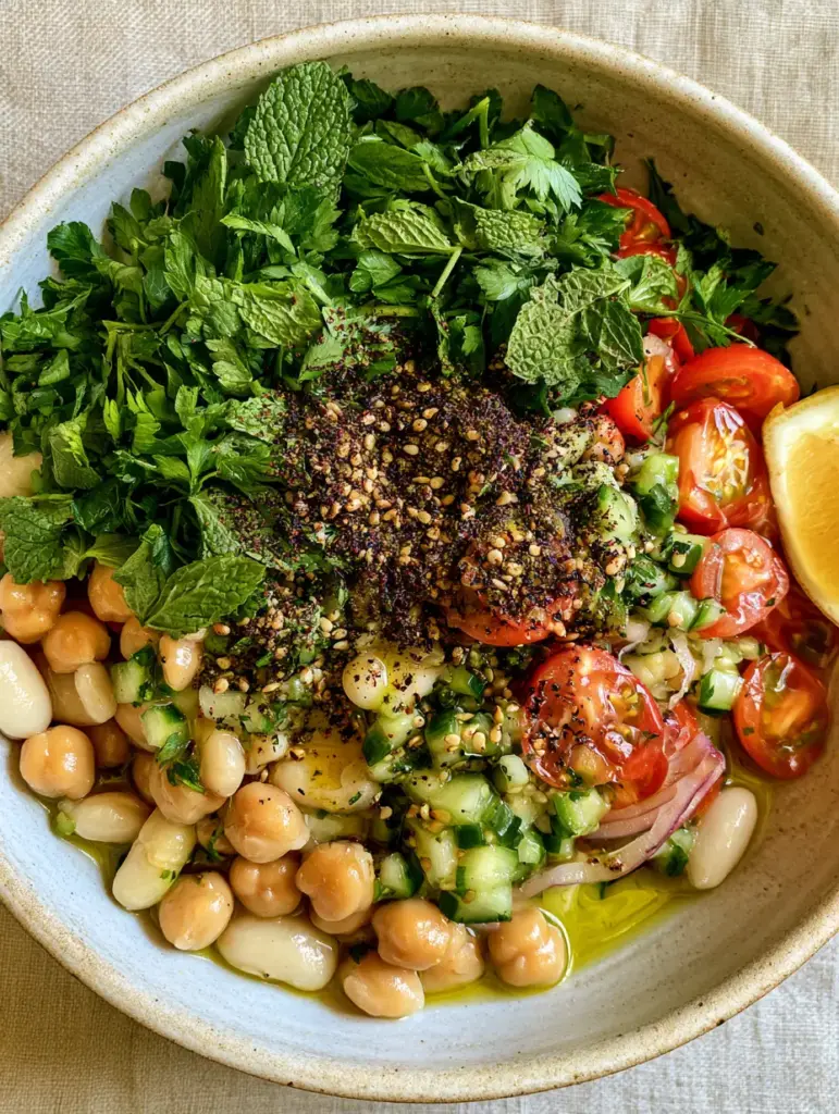 Za'atar Bean Salad with Creamy Cannellini and Crisp Persian Cucumbers 1 A rustic matte white ceramic bowl filled with Mediterranean Za'atar bean salad and heirloom cherry tomatoes.