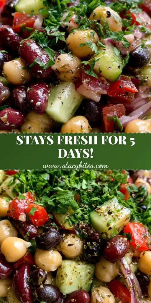 A top-down view of a vibrant Mediterranean three-bean salad in a glass bowl, showcasing red kidney beans, chickpeas, and black beans with fresh parsley.