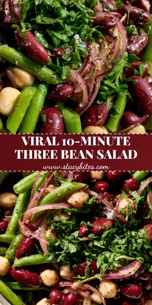 Classic three bean salad: The Ultimate Zesty & Crunchy Side Dish 3 A vertical Pinterest pin showing a close-up of a vibrant Classic three bean salad with glossy kidney beans and fresh green beans in a white bowl. (Classic three bean salad)