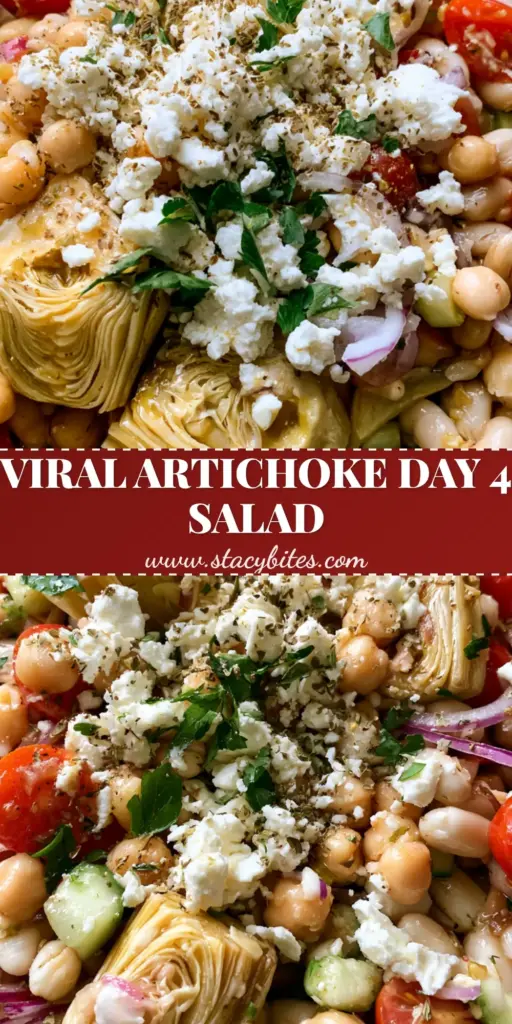 A top-down smartphone photo of a vibrant artichoke dense bean salad in a glass bowl featuring glossy chickpeas, cannellini beans, and feta.