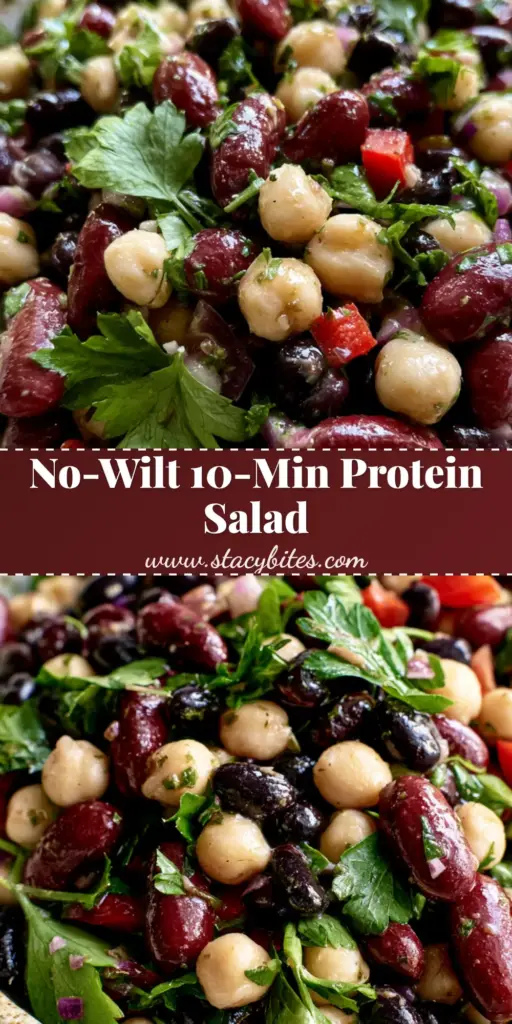 Marinated Mixed Bean Salad with Zesty Red Wine Vinaigrette 4 A high-angle shot of a vibrant marinated mixed bean salad in a rustic stoneware bowl with kidney beans, chickpeas, and black beans.