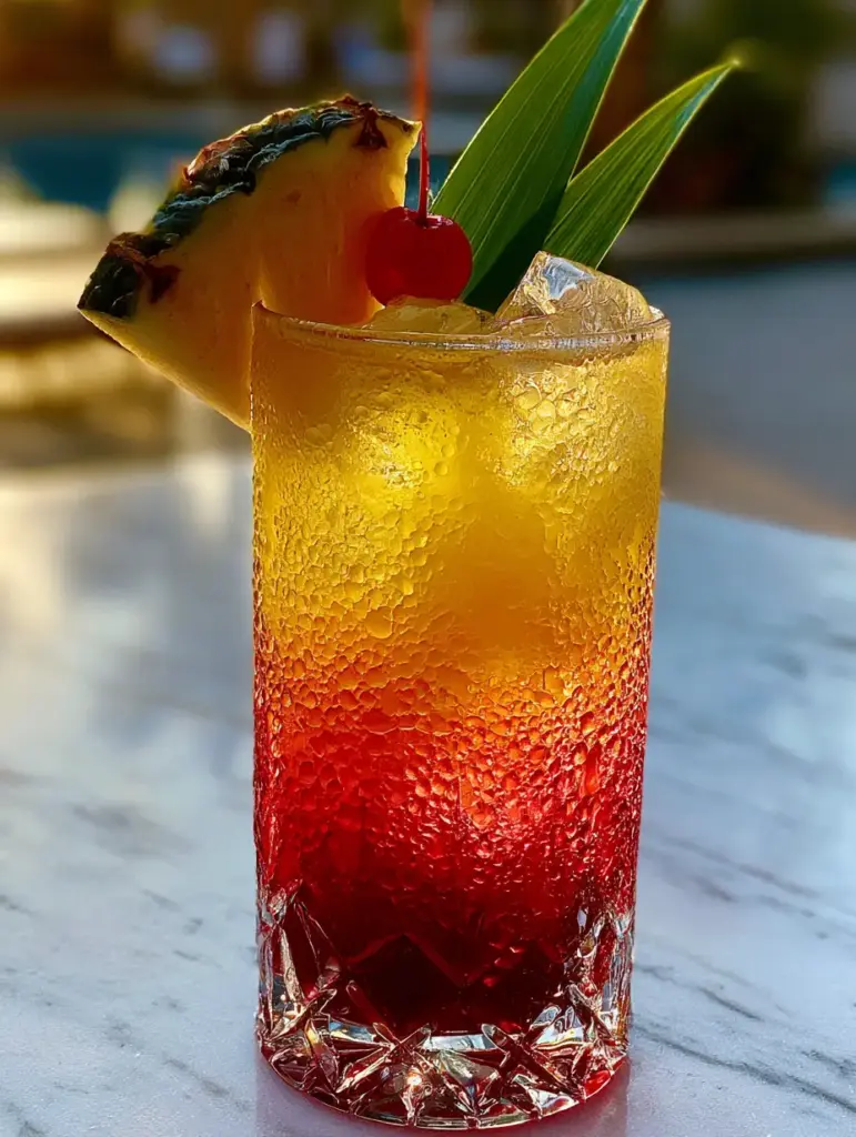 Handheld photo of a Malibu Bay Breeze Cocktail on a white marble poolside table with glistening condensation droplets. (Malibu Bay Breeze Cocktail)
