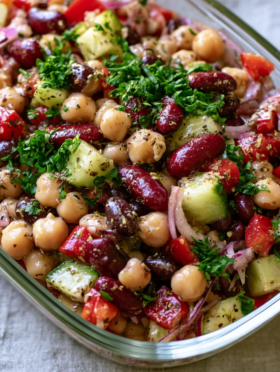 Extreme close-up macro shot of Mediterranean three-bean salad showing glossy beans, crisp cucumber cubes, and dried oregano flakes.