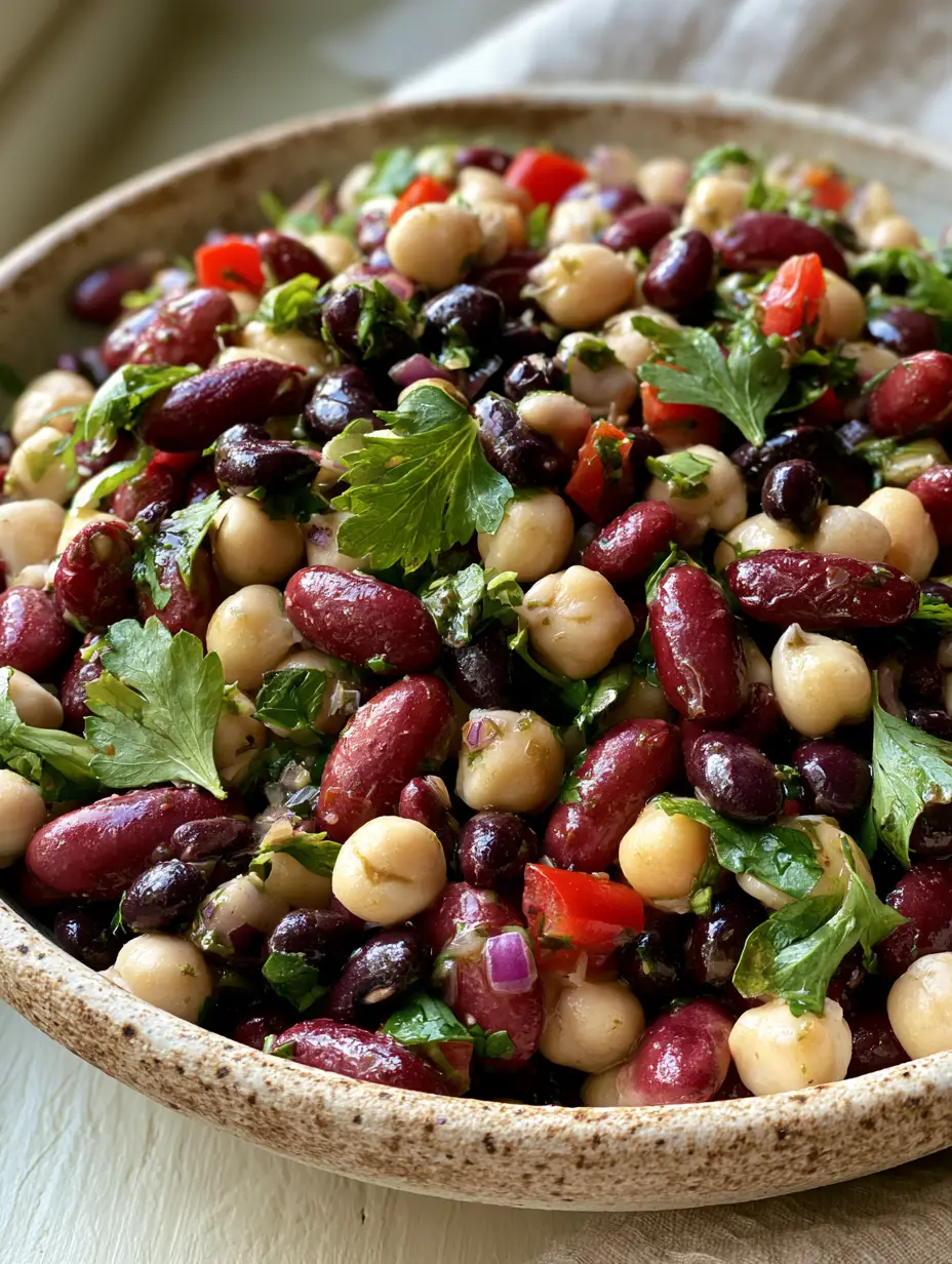 Marinated Mixed Bean Salad with Zesty Red Wine Vinaigrette 3 Close up of marinated mixed bean salad showing the glossy texture of the beans and fresh parsley flecks.