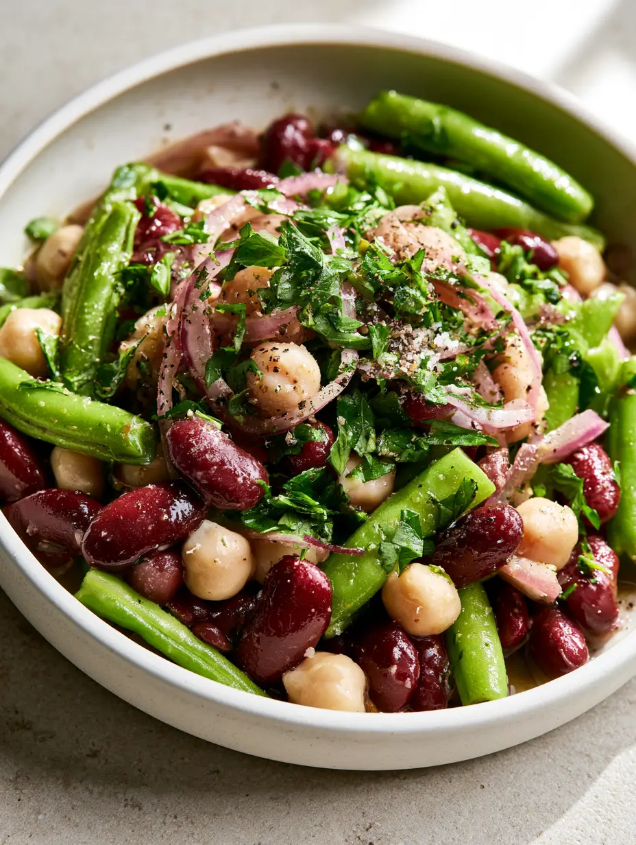 Classic three bean salad: The Ultimate Zesty & Crunchy Side Dish 4 Extreme close-up of glossy dark red kidney beans, plump garbanzos, and bright green beans coated in vinaigrette. (Classic three bean salad)