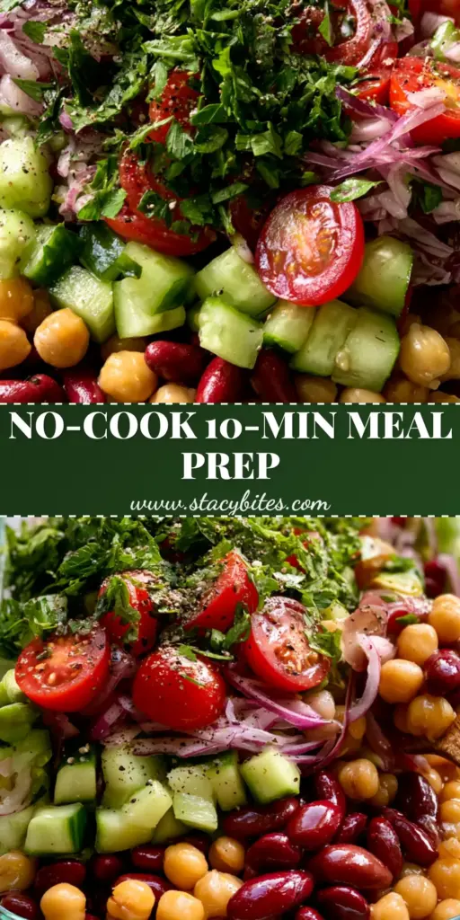 A vibrant Bean and Chickpea Salad in a glass meal prep container with layers of red kidney beans, cucumbers, and tomatoes. (Bean and Chickpea Salad)
