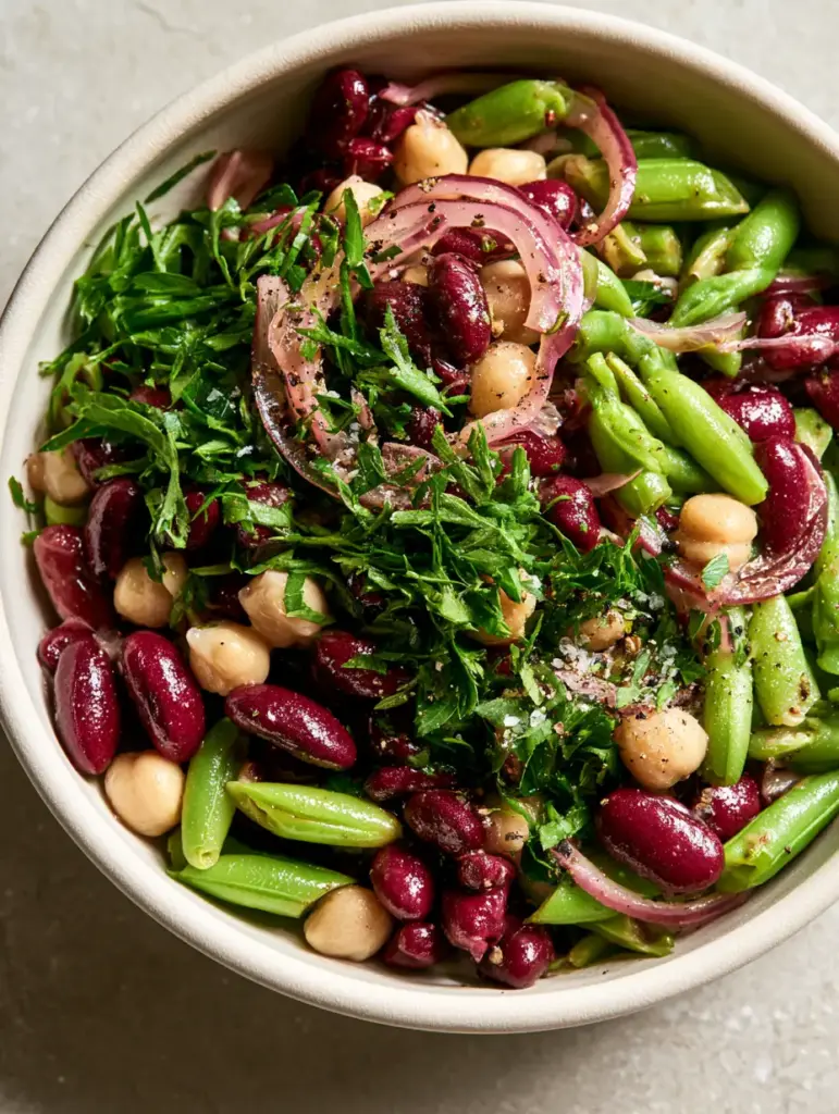 Classic three bean salad: The Ultimate Zesty & Crunchy Side Dish 1 High-angle shot of three bean salad in a matte white bowl showing translucent red onion slivers and cracked pepper.