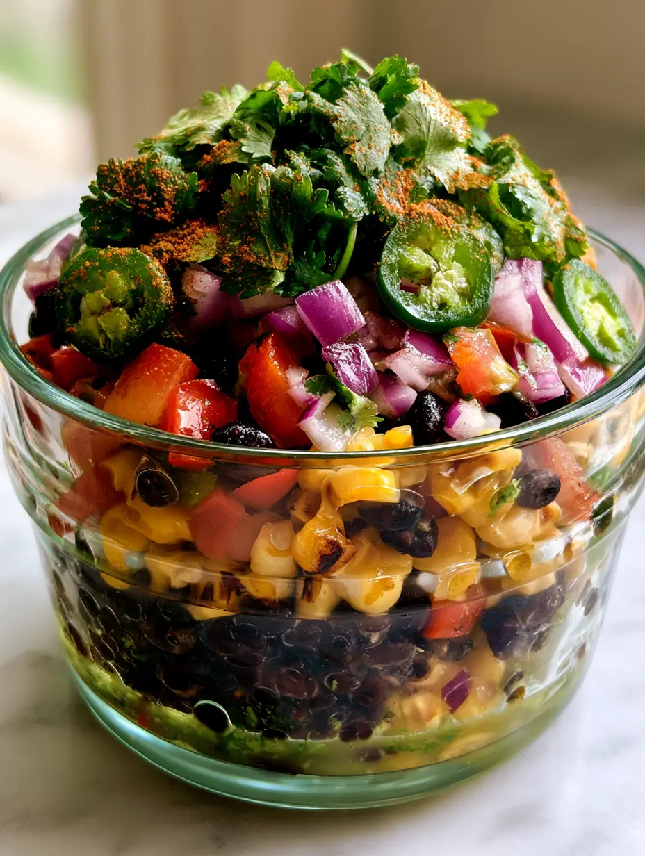 Close up of Southwest Bean Salad highlighting the charred corn kernels and glossy black beans with vibrant cilantro garnish.