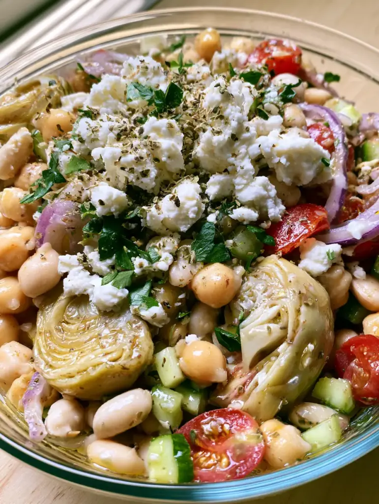 Overhead shot of artichoke dense bean salad in a meal prep bowl with ruby-red cherry tomatoes and purple red onions.
