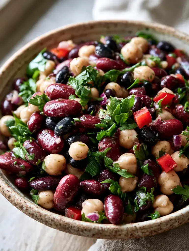 Marinated Mixed Bean Salad with Zesty Red Wine Vinaigrette 1 Vibrant marinated mixed bean salad featuring chickpeas, black beans, and red bell pepper cubes in natural lighting.