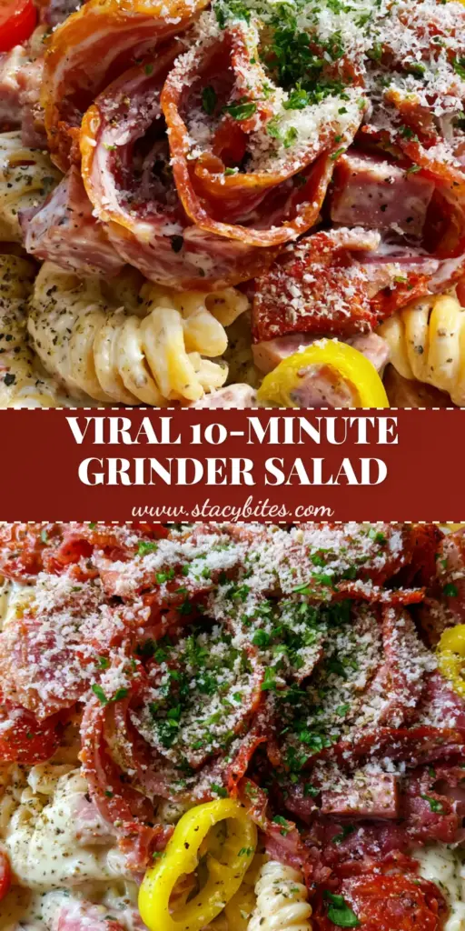 A vibrant top-down shot of Grinder Pasta Salad featuring rotini, salami ribbons, and banana peppers in a creamy herb dressing. (grinder pasta salad)
