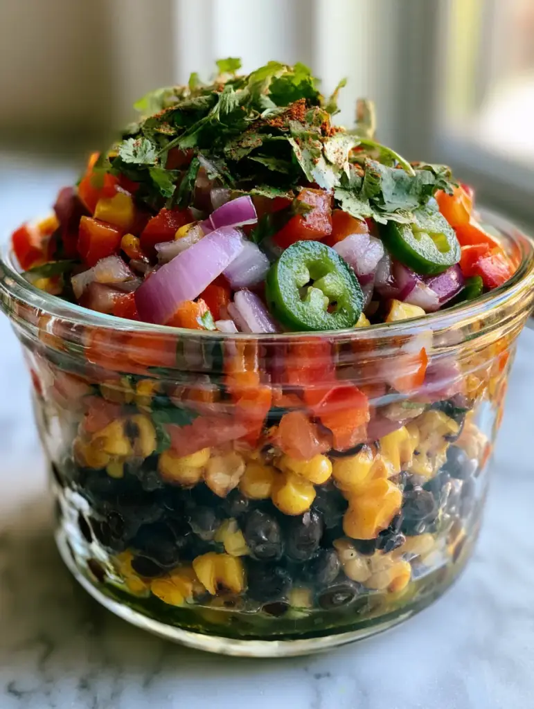 Southwest Bean Salad inside a clear glass container on a marble countertop with natural morning light.