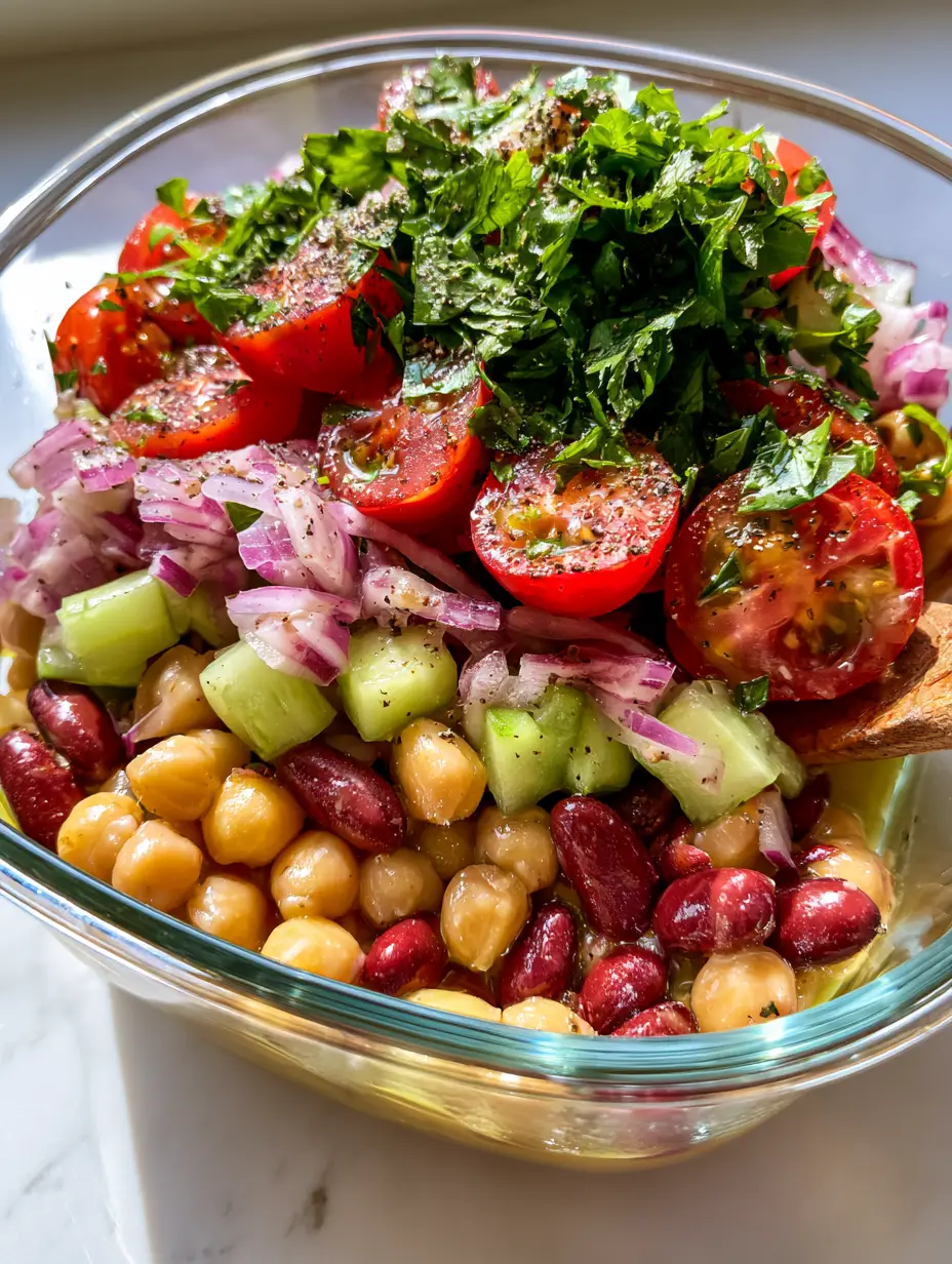 High-angle shot of a Mediterranean Bean and Chickpea Salad showing glossy beans and fresh parsley topping. (Bean and Chickpea Salad)