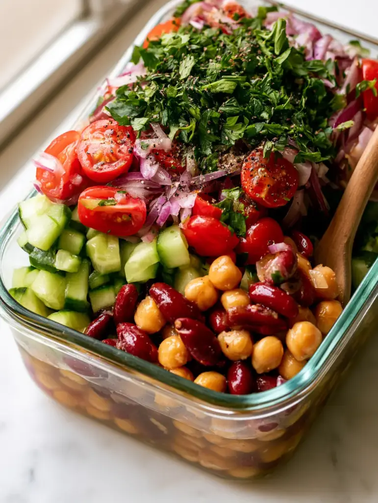 Close-up of a wooden spoon lifting a serving of Bean and Chickpea Salad from a clear glass bowl.