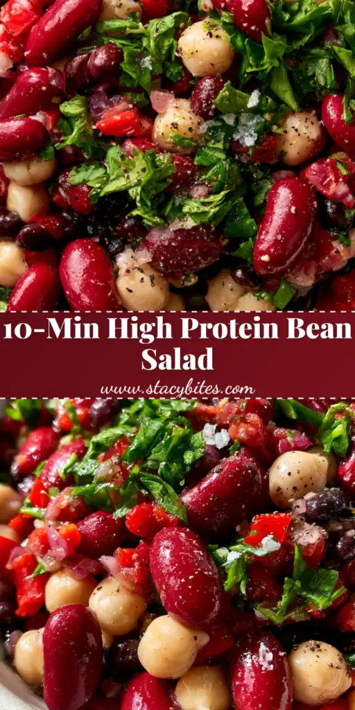 A vibrant healthy three bean salad in a white bowl featuring glossy kidney beans, chickpeas, and black beans with fresh parsley and lemon vinaigrette.