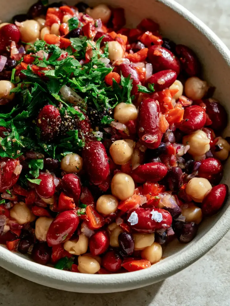 Top-down view of the completed healthy three bean salad garnished with fresh parsley and flaky sea salt on a grey stone countertop.