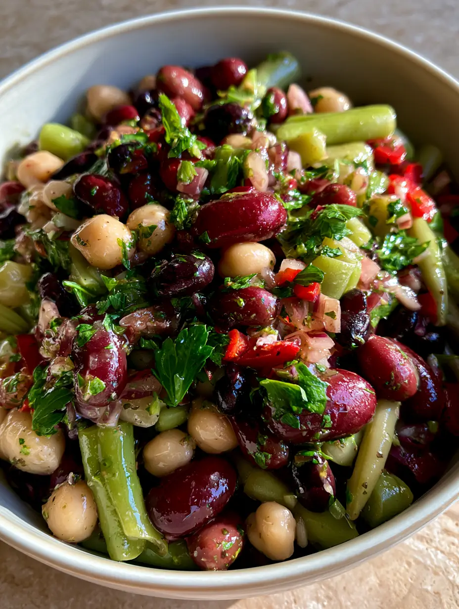 5-Bean Salad Recipe: The Ultimate Zesty & Vibrant Potluck Side 3 Overhead macro shot of 5-Bean Salad featuring shimmering vinaigrette, fresh parsley, and colorful pulses. (5-Bean Salad)