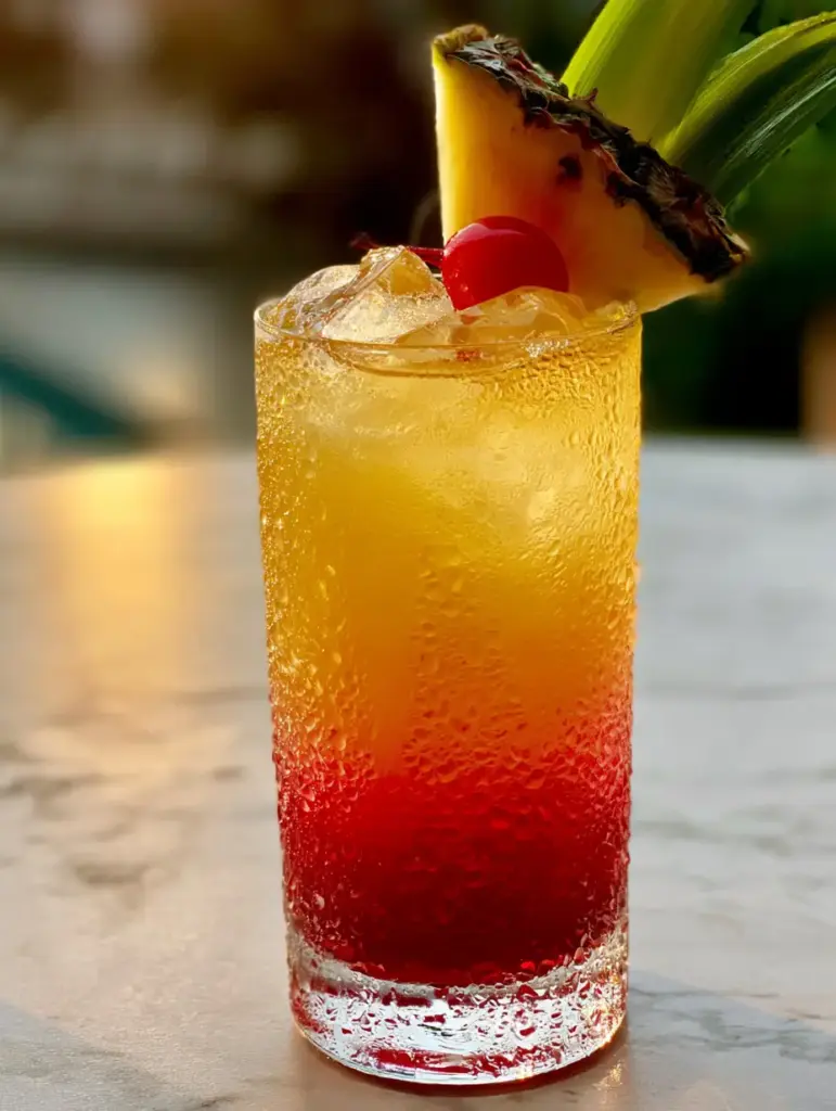 Malibu Bay Breeze Cocktail: The Ultimate Sunset Layered Drink 1 Close-up of clear ice cubes and tropical garnish on a Malibu Bay Breeze Cocktail showing the liquid texture.