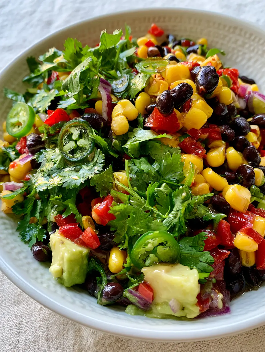 Macro shot of sweet corn and black bean salad showing glossy beans and golden corn.