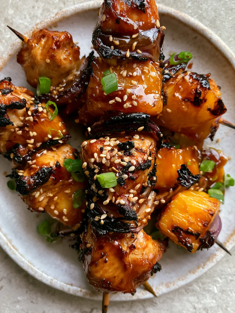 Top-down macro shot of air fryer pineapple chicken kabobs with sticky dark amber glaze and sesame seeds. (pineapple chicken kabobs)