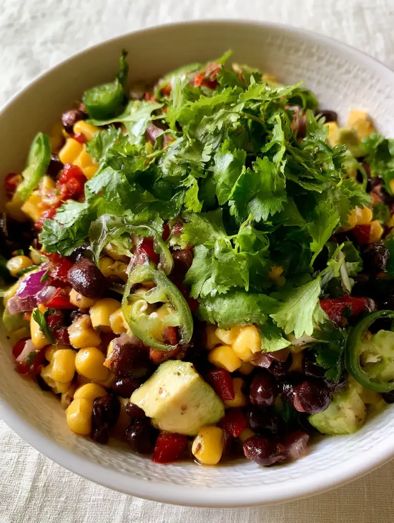 Top-down view of a fresh sweet corn and black bean salad with lime vinaigrette sheen.