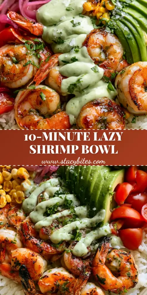 Grilled Shrimp Bowl Recipe with Cilantro Lime Crema 3 A vibrant grain bowl featuring 8 seared jumbo shrimp with golden char, sliced avocado, charred corn, and pickled red onions drizzled with cilantro lime crema. (grilled shrimp bowl recipe)