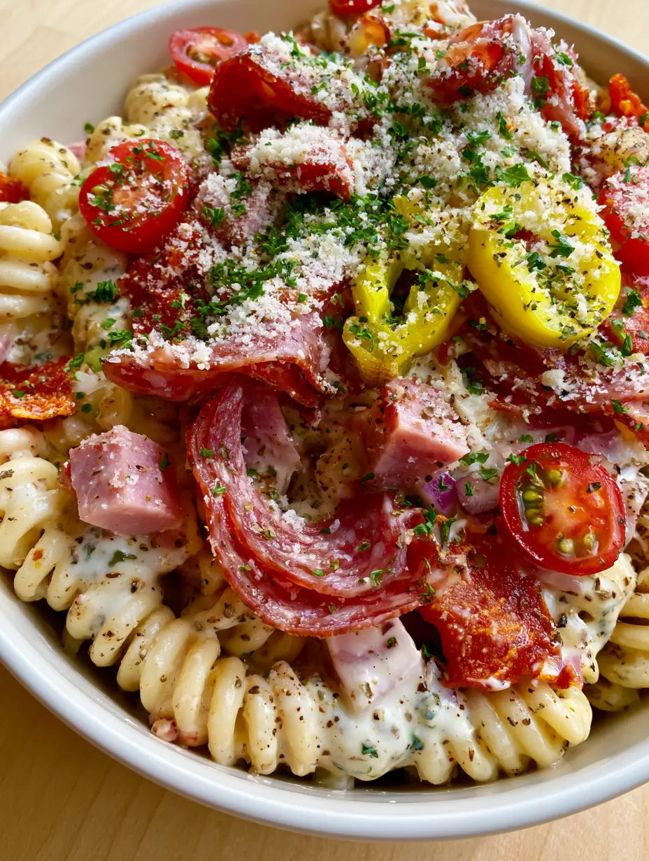 Close-up of rotini pasta coated in thick white herb dressing with visible black pepper and oregano. (grinder pasta salad)