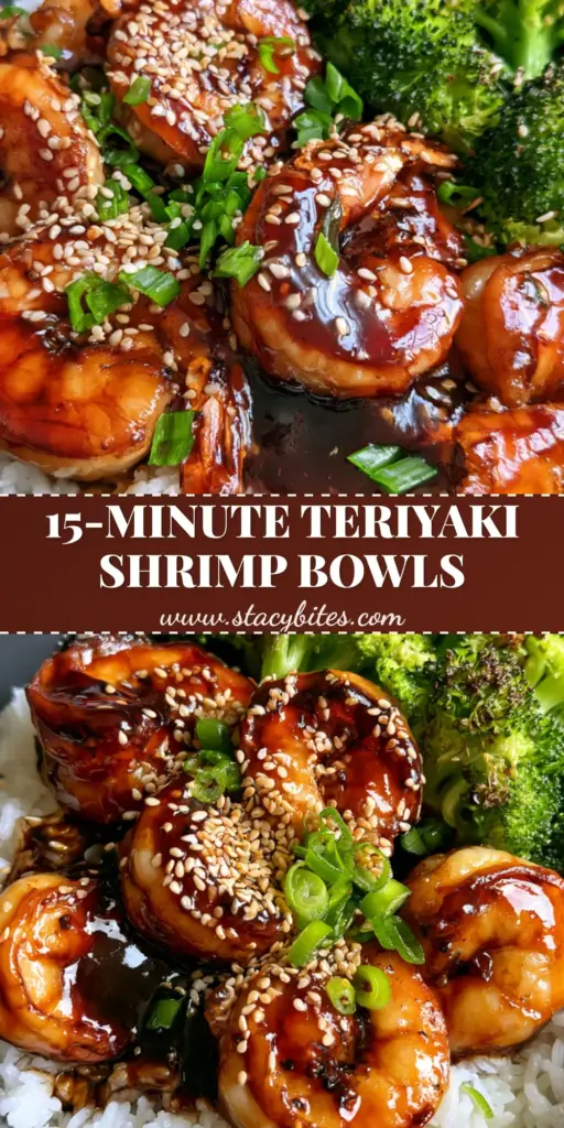 Close-up of Teriyaki Shrimp Rice Bowls featuring glossy mahogany glazed shrimp, blistered broccoli, and sesame seeds in a charcoal bowl.