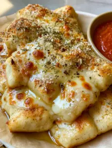 Close up photo of fluffy dough breadsticks topped with bubbly mozzarella and garlic butter. (Little Caesars)