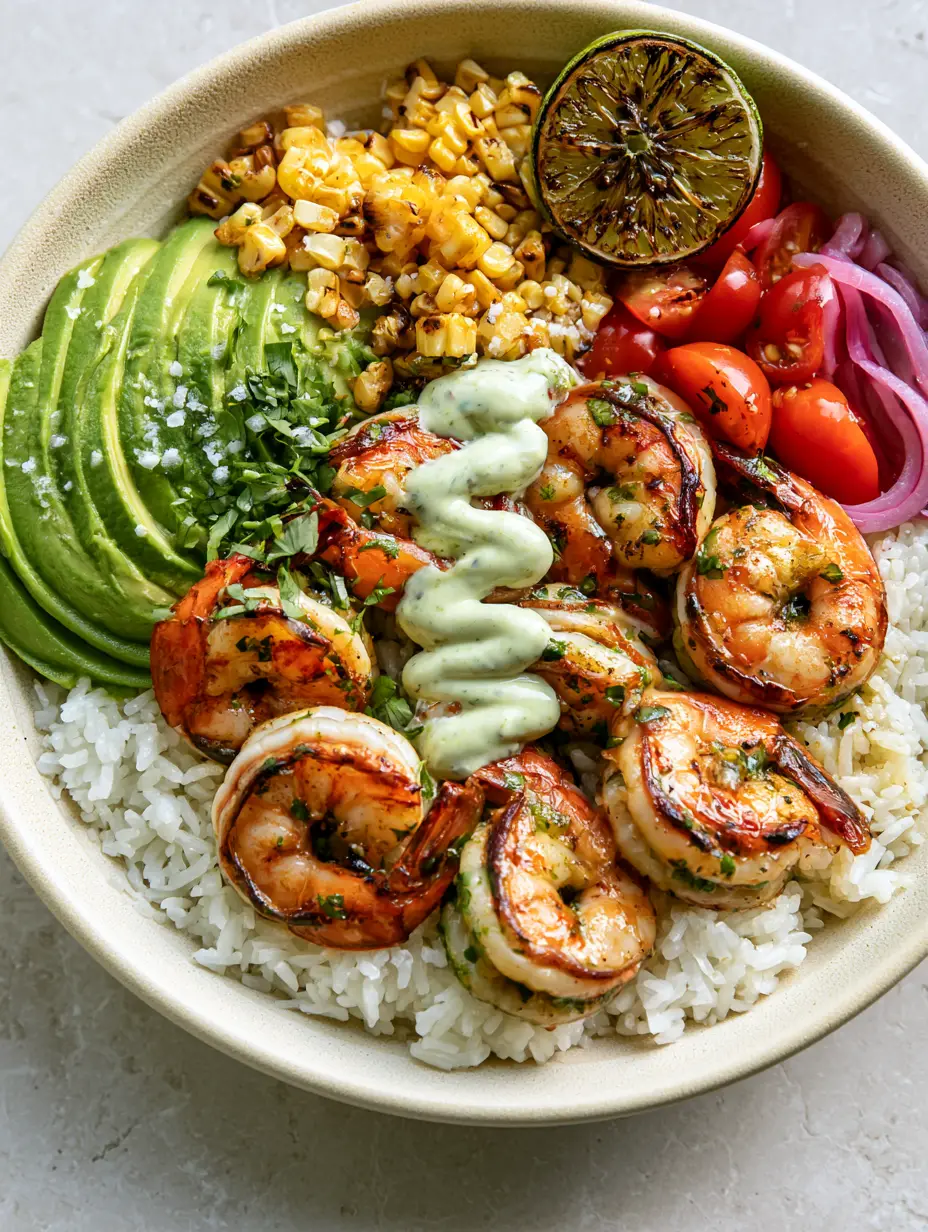 Grilled Shrimp Bowl Recipe with Cilantro Lime Crema 4 Overhead 45-degree angle shot of a vibrant shrimp grain bowl in a matte cream ceramic bowl on a grey stone surface. (grilled shrimp bowl recipe)