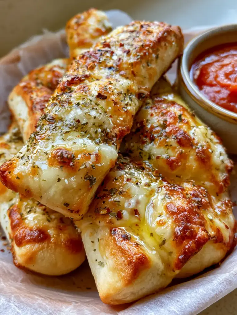 Handheld photo of golden brown garlic breadsticks with parmesan and oregano garnish.