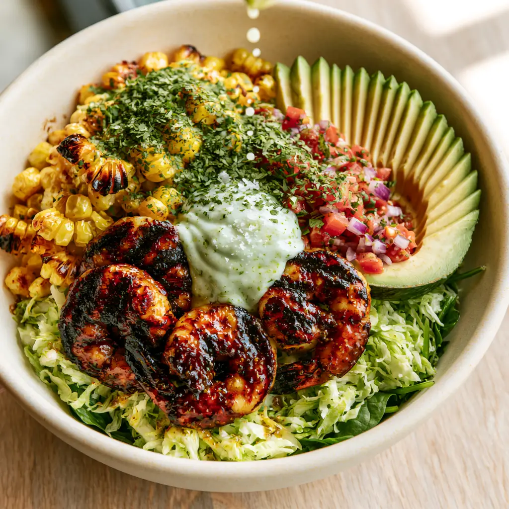 Grilled Shrimp Avocado Bowls with Zesty Lime Cilantro Crema 2 Top-down view of grilled shrimp avocado bowls with glistening zesty glaze and lime-cilantro crema. (grilled shrimp avocado bowls)