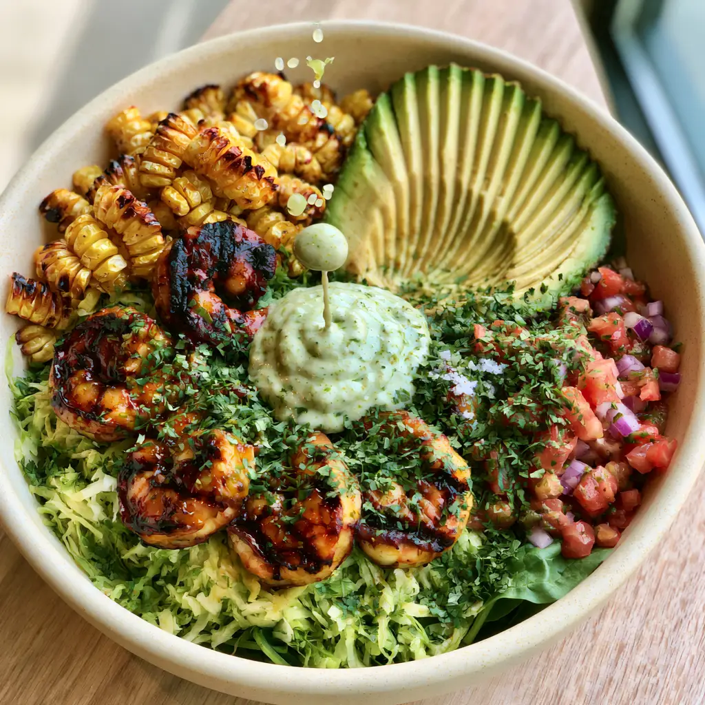 Grilled Shrimp Avocado Bowls with Zesty Lime Cilantro Crema 1 Close up of fire-roasted corn and pico de gallo inside grilled shrimp avocado bowls.