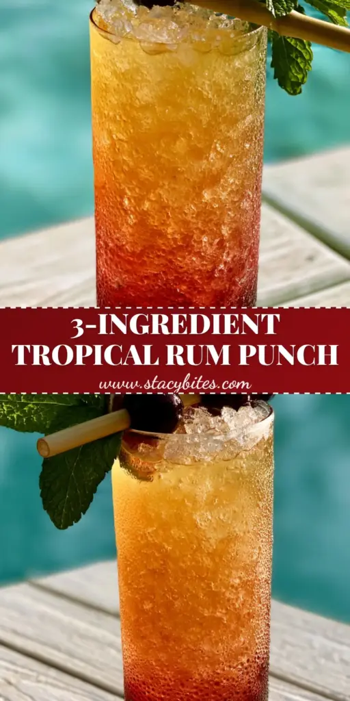 Tropical Cherry Rum Cocktail: The Ultimate Layered Summer Refresher 3 A layered Tropical Cherry Rum Cocktail in a frosted highball glass with crimson syrup, amber rum, and pineapple juice on a sunny wooden table. (Tropical Cherry Rum Cocktail)
